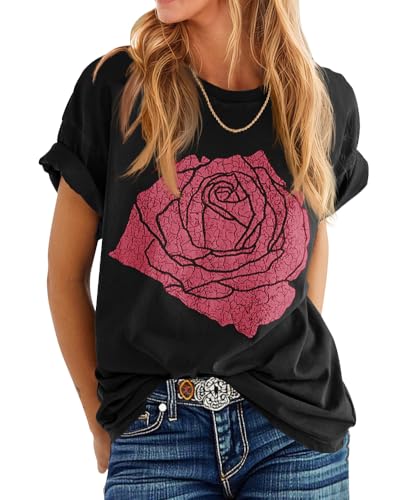 Womens Rose Graphic Tee T Shirt Loose Fit Summer Short Sleeve